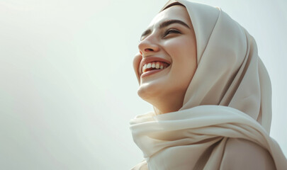 Muslim, portrait and woman wearing a traditional scarf or hijab for beauty fashion, modesty, and Islam. Confident, smile and beautiful shot of happy girl for protest awareness, religion and hope