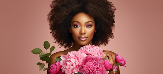 Wall Mural - happy African American young woman with bunch of peony flowers