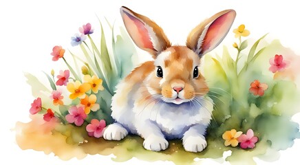 Wall Mural - Cute painted rabbit with flowers and leaves watercolor