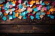  a wooden table topped with lots of colorful origami pieces of different shapes and sizes on top of it.
