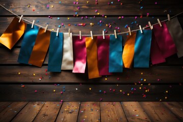  a string of colored paper hanging from a clothes line with confetti scattered around it on a wooden floor.