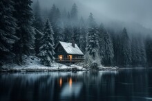  A Cabin Sits On The Shore Of A Lake In The Middle Of A Forest With Snow On The Ground And Trees In The Background.
