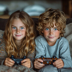 Little children sitting at home in sofa and playing in video games of 1980s