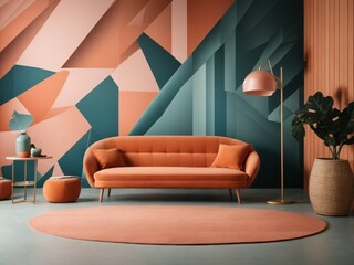 Indoor and interior wall with with sofa and colourful wallpaper