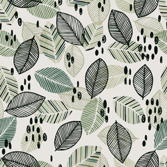 Wall Mural - Scandinavian seamless doodle pattern with vintage leaves sketch. For wrapping paper. Ideal for wallpaper, surface textures, textiles.