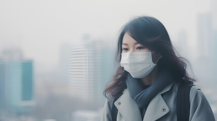 Portrait Asian woman wearing an mask. Young man wearing protection mask over smog city.PM2.5 unhealthy air pollution dust smoke in the urban city, PM 2.5.health care