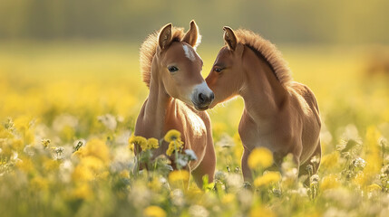 Wall Mural - Cute foals in a field at spring