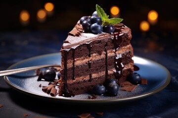 Wall Mural -  a piece of chocolate cake with blueberries and chocolate shavings on a blue plate with a silver fork.