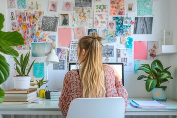 a young motivated and focused woman journalling and making her vision board to manifest her dreams and plans, in a white room full of pictures, images, cliparts and visual resources, back turned