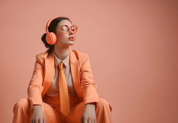 Young woman with headphones on her head in stylish peach business clothes. Orange round glasses and tie. Pastel clean empty background.