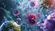 A detailed illustration of the human immune system attacking a pathogen showing cells and antibodies in action.