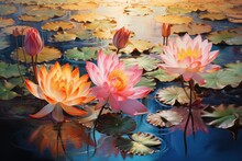  A Painting Of Water Lilies In A Pond With Lily Pads In The Foreground And The Sun In The Background.