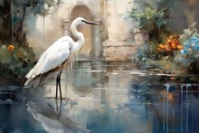  A Painting Of A White Egret Standing In A Pond In Front Of A Building With A Clock Tower.