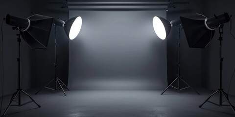 Wall Mural - A picture of three lights in a dark room, with one light on a tripod. This image can be used to depict a photography studio setup or to illustrate the concept of illumination