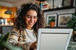 Young happy latin woman, smiling curly casual girl student using tablet and laptop elearning or working at home online looking at tab technology device sitting at table in living room, Generative AI
