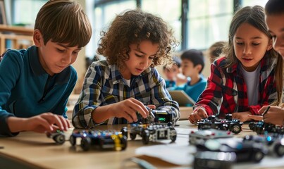 Wall Mural - diverse school children students group building robotic vehicle robot cars using tablet education so