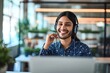 Indian call center agent wearing headset talking to client, contract service telemarketing operator using laptop having conversation working in customer tech assistance support office, Generative AI