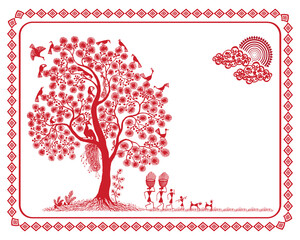 Sticker - Warli Serenity: Beautiful Nature in Rural Life. Scenic Warli Artwork, Village Nature Illustration, Ethnic Rural Landscape.