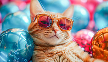 Cat (Felis Catus), Pet Birthday Party, With Balloons, Love Your Pet Day Celebration, February, Animals Concept, Generative Ai