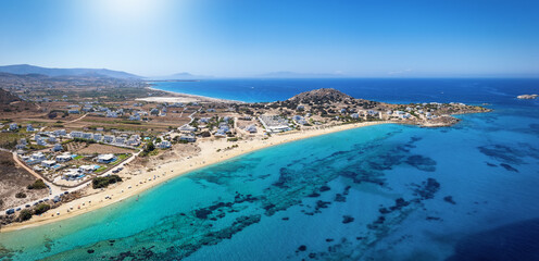 Wall Mural - Panoramic aerial view of the beach at Mikri Vigla with fine sand and turquoise shining sea, Naxos island, Greece