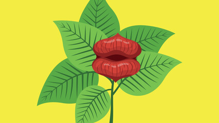 Poster - Illustration of a lips flower with leaves on a yellow background.