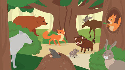 Wall Mural - Wild animals in the forest. Vector illustration in flat cartoon style.