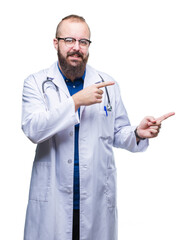 Sticker - Young caucasian doctor man wearing medical white coat over isolated background smiling and looking at the camera pointing with two hands and fingers to the side.