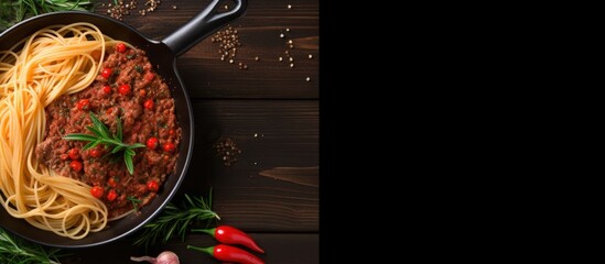 Wall Mural - Tasty pasta italian cuisine seafood in plate on dark wooden background. Generate AI image