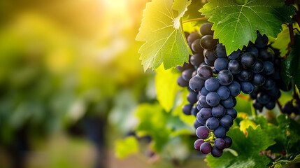 Wall Mural - Bunch of Black Wine grape over green natural vineyard garden background, Kyoho Grape with leaves in blur background. Made with generative ai