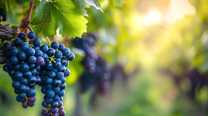 Bunch of Black Wine grape over green natural vineyard garden background, Kyoho Grape with leaves in blur background. Made with generative ai