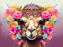 Illustration Of A Colorful Camel With A Flower Crown On Its Head. Generative Ai