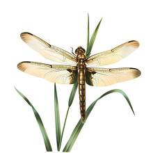 Dragonfly On A Reed Isolated On White Background, Vintage, Png
