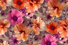 Tan And Orange Flowers Seamlessly Intertwine In This Pattern, Dark Pink And Pink Hues Add A Touch Of Elegance, Capturing The Essence Of The Southern Countryside