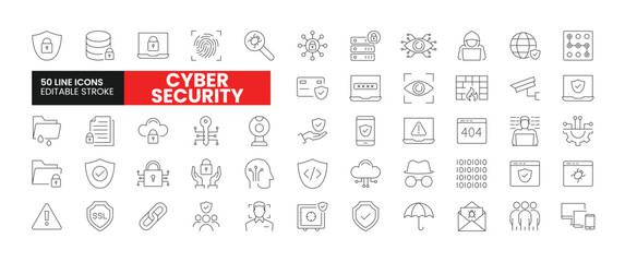 Set of 50 Cyber Security line icons set. Cyber Security outline icons with editable stroke collection. Includes Security, Bug, Coding, Hacker, Fingerprint, and More.