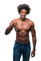 Sticker - Afro american shirtless man showing nude body over isolated background doing happy thumbs up gesture with hand. Approving expression looking at the camera with showing success.