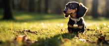 A Cute Dachshund Dog Sitting On The Green Grass In A Sunny Clearing Of A Forest In The Afternoon Sunset. Daytime Outdoor Shot In The Woods.	
