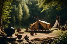 Pottery Of The Early Middle Ages, On The Background Of Nature, Tent, Shelter