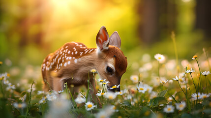 Baby Deer in Flower Meadow with Golden Sunset Light