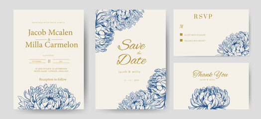 Wall Mural - Navy blue peony flower wedding invitation card with golden gold text. Template card set.	