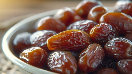 Wall Mural - Close up of dried dates fruit in bowl on wooden table background.