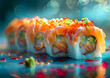 Sushi rolls arranged on a plate, a macro perspective with soft, natural lighting.
