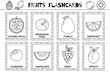Fruits black and white flashcards collection. Healthy food flash cards set for coloring in outline. Blueberry, cantaloupe, grape and more. Vector illustration
