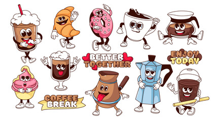 Canvas Print - Groovy coffee break cartoon characters set. Funny hot coffee cups and breakfast cupcake, croissant and donut in cafe menu and pots cartoon mascots, stickers collection of 70s 80s vector illustration