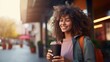Smiling Curly-Haired Woman in Casual Jacket Enjoying Fresh Detox Vegetable Smoothie. Radiant Joy, Healthy Diet, and Leisurely City Stroll Capture the Vibrancy of a Balanced Lifestyle