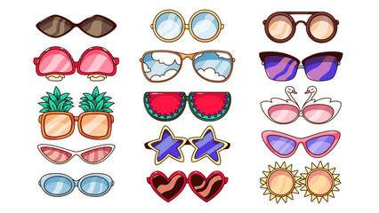 Sticker - Groovy cartoon sunglasses set. Funny retro summer eyewear with reflection and clouds on glasses, round and cat eyes shape. Hipsters sunglasses cartoon sticker of 60s 70s style vector illustration