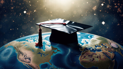 A conceptual image featuring a graduation cap atop a globe against a starry space backdrop, symbolizing global education.