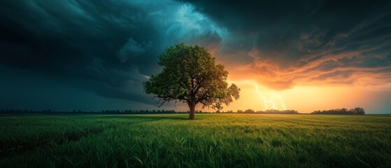 Lightning strikes a One tree in a green field. A stormy sky with thunder over country scenery.