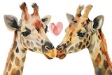 Fototapeta Dziecięca - Two giraffes in watercolor with a heart above them, depicting a romantic moment, set against a white background with brown and orange spots. High quality illustration