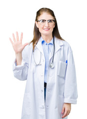 Sticker - Middle age mature doctor woman wearing medical coat over isolated background showing and pointing up with fingers number five while smiling confident and happy.