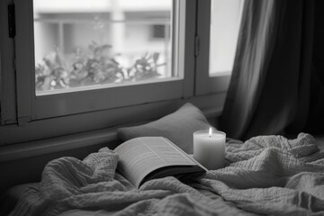 An open book sitting on top of a bed next to a candle. Perfect for illustrating cozy reading, bedtime stories, or relaxation